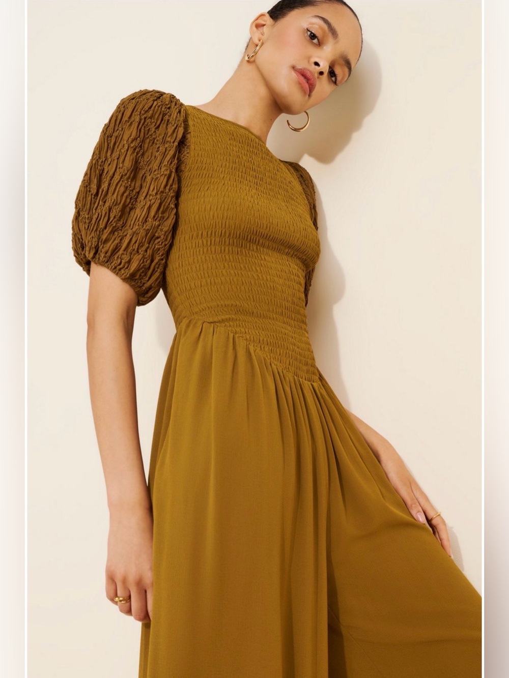 Free People Temperley Puff Sleeve Smocked Jumpsuit Greyed Olive NWT Size M - Picture 3 of 8